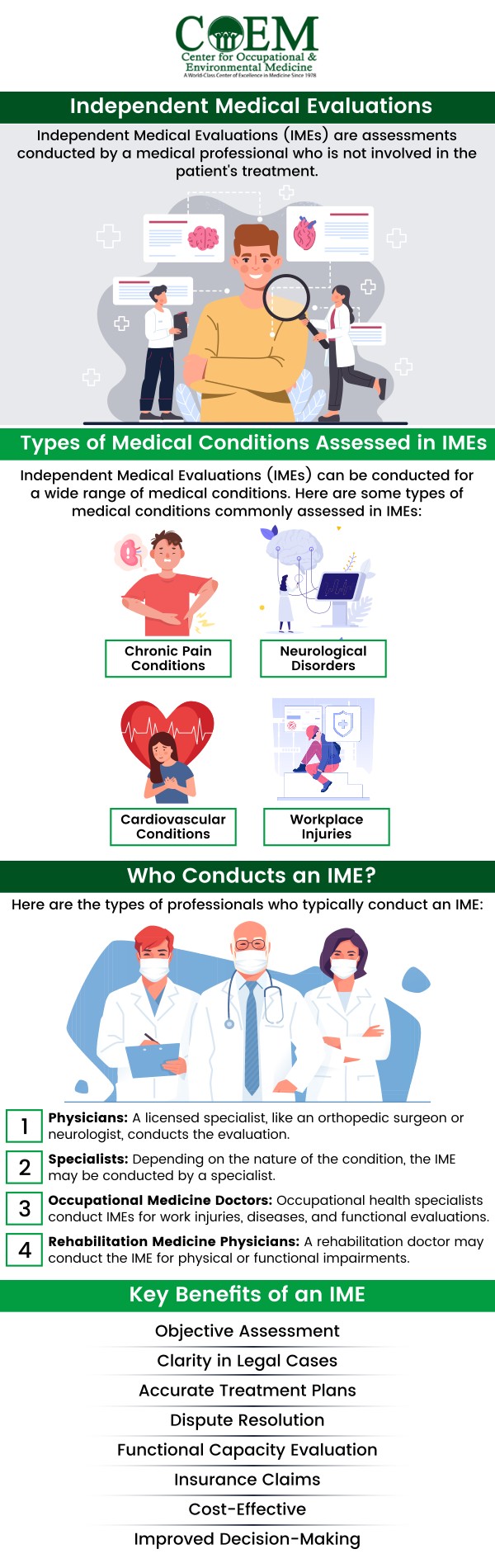 The Center for Occupational and Environmental Medicine (COEM) offers Independent Medical Evaluations (IMEs) to assess health and injuries related to chemical, mold, heavy metals and other exposures. Our evaluations provide professional opinions based on medical records and physical exams. We offer detailed assessments for disability ratings, maximum recovery, and functional capacity. For more information, contact us today or schedule an appointment online. We are conveniently located at 7510 North Forest Drive North Charleston, SC 29420. Patients routinely fly in to be evaluated by COEM, as we serve patients nationally and internationally. Find out if you have been exposed, extensive lab testing is available. The Center for Occupational and Environmental Medicine (COEM) offers Independent Medical Evaluations (IMEs) to assess health and injuries related to chemical, mold, heavy metals and other exposures. Our evaluations provide professional opinions based on medical records and physical exams. We offer detailed assessments for disability ratings, maximum recovery, and functional capacity. For more information, contact us today or schedule an appointment online. We are conveniently located at 7510 North Forest Drive North Charleston, SC 29420. Patients routinely fly in to be evaluated by COEM, as we serve patients nationally and internationally. Find out if you have been exposed, extensive lab testing is available.