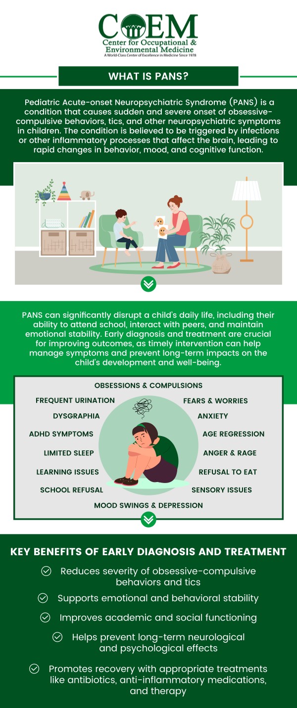 Pediatric Acute-Onset Neuropsychiatric Syndrome (PANS) is a condition that causes sudden and severe psychiatric symptoms in children, often triggered by infections or other factors. It can lead to obsessive-compulsive behaviors, tics, and mood changes. At COEM, we offer specialized care to diagnose and manage PANS, focusing on a comprehensive, individualized treatment plan. For more information, contact us today or book an appointment online. We are conveniently located at 7510 North Forest Drive North Charleston, SC 29420. Patients routinely fly in to be evaluated by COEM, as we serve patients nationally and internationally.