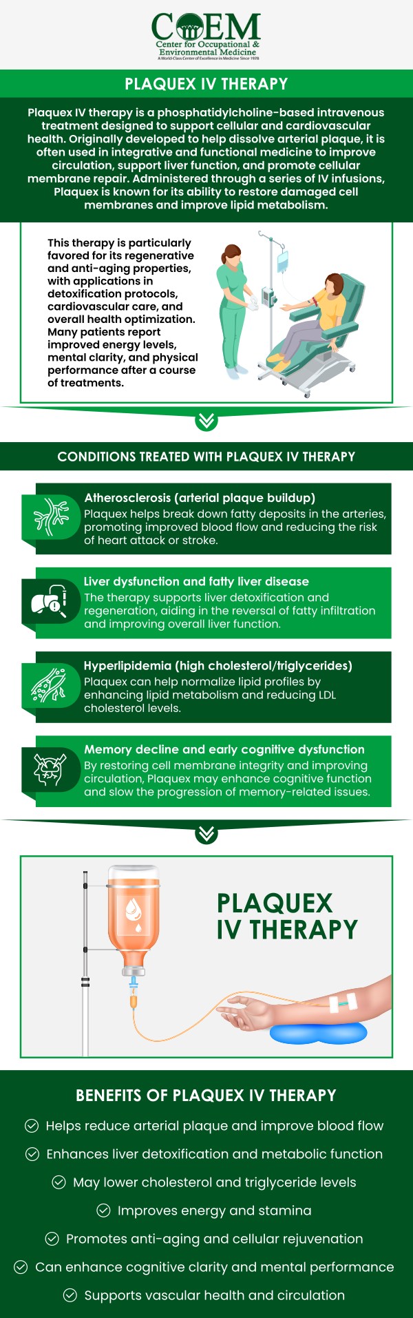 Plaquex IV Therapy is a treatment designed to improve circulation and reduce plaque buildup in the body. It can help enhance overall wellness and support healthy blood flow. At COEM, we offer personalized Plaquex IV therapy to optimize your health and vitality. For more information, contact us today or schedule an appointment online. We are conveniently located at 7510 North Forest Drive North Charleston, SC 29420. Patients routinely fly in to be evaluated by COEM, as we serve patients nationally and internationally. Find out if you have been exposed, extensive lab testing is available. Plaquex IV Therapy is a treatment designed to improve circulation and reduce plaque buildup in the body. It can help enhance overall wellness and support healthy blood flow. At COEM, we offer personalized Plaquex IV therapy to optimize your health and vitality. For more information, contact us today or schedule an appointment online. We are conveniently located at 7510 North Forest Drive North Charleston, SC 29420. Patients routinely fly in to be evaluated by COEM, as we serve patients nationally and internationally. Find out if you have been exposed, extensive lab testing is available.