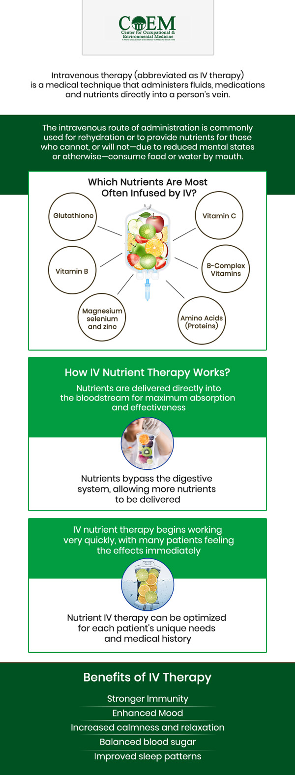 IV therapy offers numerous benefits for wellness, immunity, detoxification, and recovery. By delivering essential nutrients, vitamins, and hydration directly into the bloodstream, it supports immune function, enhances detox processes, and accelerates recovery from physical exertion or illness. Our medical team at The Center for Occupational and Environmental Medicine (COEM) provides personalized IV therapy treatments tailored to your specific health needs, helping optimize your overall well-being. For more information, contact us today or schedule an appointment online. We are conveniently located at 7510 North Forest Drive North Charleston, SC 29420. Patients routinely fly in to be evaluated by COEM, as we serve patients internationally. Find out if you have been exposed, extensive lab testing is available.
