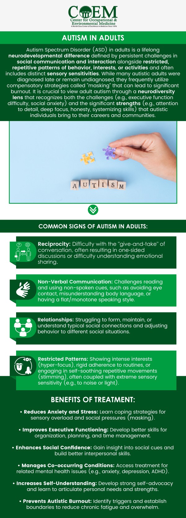 Autism diagnosis in adults focuses on identifying lifelong patterns in communication, behavior, and social interaction to understand better challenges with relationships, sensory sensitivities, and emotional regulation. At The COEM in Charleston, SC, board-certified Dr. Stephen P. Elliott provides compassionate and comprehensive assessments, helping adults gain clarity and access individualized care, resources, and long-term support. For more information, contact us today or schedule an appointment online. We are conveniently located at 7510 North Forest Drive North Charleston, SC 29420. Patients routinely fly in to be evaluated by COEM, as we serve patients nationally and internationally. Autism diagnosis in adults focuses on identifying lifelong patterns in communication, behavior, and social interaction to understand better challenges with relationships, sensory sensitivities, and emotional regulation. At The COEM in Charleston, SC, board-certified Dr. Stephen P. Elliott provides compassionate and comprehensive assessments, helping adults gain clarity and access individualized care, resources, and long-term support. For more information, contact us today or schedule an appointment online. We are conveniently located at 7510 North Forest Drive North Charleston, SC 29420. Patients routinely fly in to be evaluated by COEM, as we serve patients nationally and internationally.