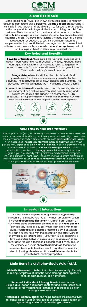 Alpha Lipoic Acid (ALA) IV therapy can support liver function and enhance glucose metabolism, making it a valuable treatment for both liver diseases and diabetes. By improving antioxidant levels and reducing inflammation, ALA helps protect liver cells and regulate blood sugar levels. At The COEM, Board-Certified Dr. William J. Weirs, MD, and our team use ALA IV therapy as part of a comprehensive approach to promote overall health and metabolic balance. For more information, contact us today or schedule an appointment online. We are conveniently located at 7510 North Forest Drive North Charleston, SC 29420. Patients routinely fly in to be evaluated by COEM, as we serve patients nationally and internationally. Find out if you have been exposed, extensive lab testing is available. Alpha Lipoic Acid (ALA) IV therapy can support liver function and enhance glucose metabolism, making it a valuable treatment for both liver diseases and diabetes. By improving antioxidant levels and reducing inflammation, ALA helps protect liver cells and regulate blood sugar levels. At The COEM, Board-Certified Dr. William J. Weirs, MD, and our team use ALA IV therapy as part of a comprehensive approach to promote overall health and metabolic balance. For more information, contact us today or schedule an appointment online. We are conveniently located at 7510 North Forest Drive North Charleston, SC 29420. Patients routinely fly in to be evaluated by COEM, as we serve patients nationally and internationally. Find out if you have been exposed, extensive lab testing is available.
