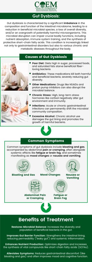 Gut dysbiosis refers to an imbalance in the gut microbiome, where harmful bacteria outnumber beneficial ones. This condition can lead to digestive issues, inflammation, and a weakened immune system. Our board-certified Dr. Stephen P. Elliott and team at The COEM offer personalized treatments to restore gut health and improve overall well-being. For more information, contact us today or schedule an appointment online. We are conveniently located at 7510 North Forest Drive North Charleston, SC 29420. Patients routinely fly in to be evaluated by COEM, as we serve patients nationally and internationally. Find out if you have been exposed, extensive lab testing is available. Gut dysbiosis refers to an imbalance in the gut microbiome, where harmful bacteria outnumber beneficial ones. This condition can lead to digestive issues, inflammation, and a weakened immune system. Our board-certified Dr. Stephen P. Elliott and team at The COEM offer personalized treatments to restore gut health and improve overall well-being. For more information, contact us today or schedule an appointment online. We are conveniently located at 7510 North Forest Drive North Charleston, SC 29420. Patients routinely fly in to be evaluated by COEM, as we serve patients nationally and internationally. Find out if you have been exposed, extensive lab testing is available.