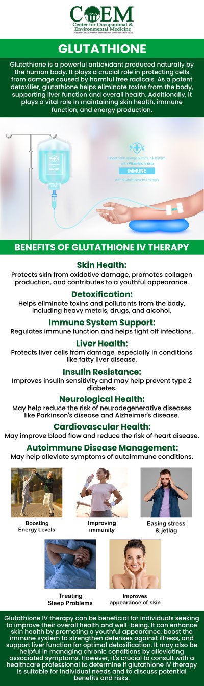 Glutathione IV Therapy is a powerful antioxidant treatment that helps detoxify the body, support immune health, and improve skin radiance. This therapy replenishes glutathione levels, which play a key role in reducing oxidative stress and promoting overall wellness. Benefits include enhanced detoxification, improved energy levels, brighter skin, and stronger immune function, making it an ideal choice for boosting vitality and maintaining optimal health. Board-certified Dr. William J. Weirs and Dr. Stephen P. Elliott at COEM offer this rejuvenating therapy to help you achieve your wellness goals. For more information, contact us today or schedule an appointment online. We are conveniently located at 7510 North Forest Drive North Charleston, SC 29420. Patients routinely fly in to be evaluated by COEM, as we serve patients nationally and internationally.