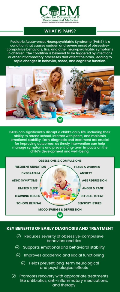 PANS (Pediatric Acute-onset Neuropsychiatric Syndrome) and PANDAS (Pediatric Autoimmune Neuropsychiatric Disorders Associated with Streptococcal Infections) are conditions that cause sudden onset of psychiatric symptoms in children, often triggered by infections or immune system dysfunction. At the Center for Occupational & Environmental Medicine (COEM) in Charleston, SC, Dr. Stephen P. Elliott, MD, offers specialized treatment for these disorders. For more information, contact us today or schedule an appointment online. We are conveniently located at 7510 North Forest Drive North Charleston, SC 29420. Patients routinely fly in to be evaluated by COEM, as we serve patients nationally and internationally.