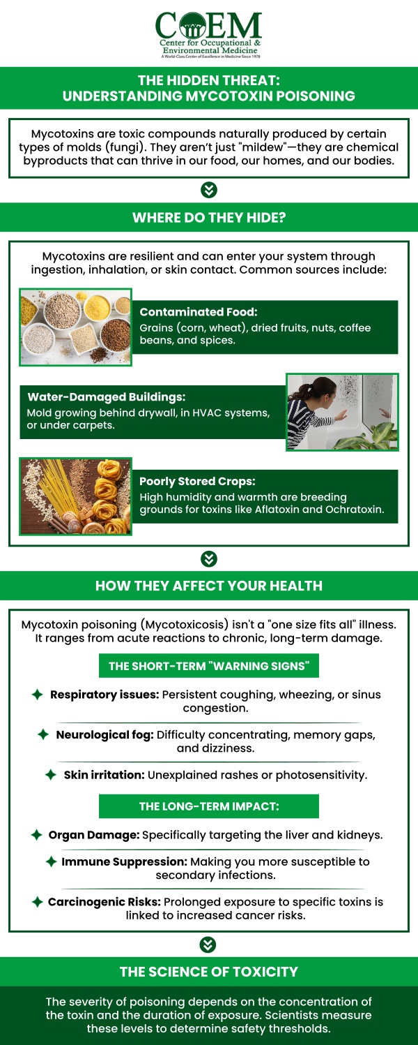 Mycotoxin poisoning occurs when toxic compounds produced by mold and fungi are inhaled, ingested, or absorbed into the body. These toxins can cause a wide range of symptoms, including fatigue, headaches, respiratory issues, and cognitive dysfunction. Long-term exposure can lead to chronic inflammation, immune system dysfunction, and damage to vital organs like the liver and lungs. At COEM, our team specializes in diagnosing and treating mycotoxin poisoning, offering personalized care to help restore health and prevent lasting complications. Early detection and treatment are essential to mitigate the harmful effects of mycotoxin exposure. For more information, contact us today or schedule an appointment online. We are conveniently located at 7510 North Forest Drive North Charleston, SC 29420. Patients routinely fly in to be evaluated by COEM, as we serve patients internationally. Find out if you have been exposed, extensive lab testing is available.