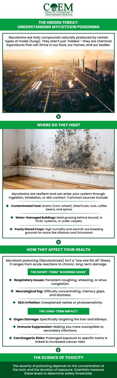 Mycotoxin poisoning occurs when toxic compounds produced by mold and fungi are inhaled, ingested, or absorbed into the body. These toxins can cause a wide range of symptoms, including fatigue, headaches, respiratory issues, and cognitive dysfunction. Long-term exposure can lead to chronic inflammation, immune system dysfunction, and damage to vital organs like the liver and lungs. At COEM, our team specializes in diagnosing and treating mycotoxin poisoning, offering personalized care to help restore health and prevent lasting complications. Early detection and treatment are essential to mitigate the harmful effects of mycotoxin exposure. For more information, contact us today or schedule an appointment online. We are conveniently located at 7510 North Forest Drive North Charleston, SC 29420. Patients routinely fly in to be evaluated by COEM, as we serve patients internationally. Find out if you have been exposed, extensive lab testing is available.