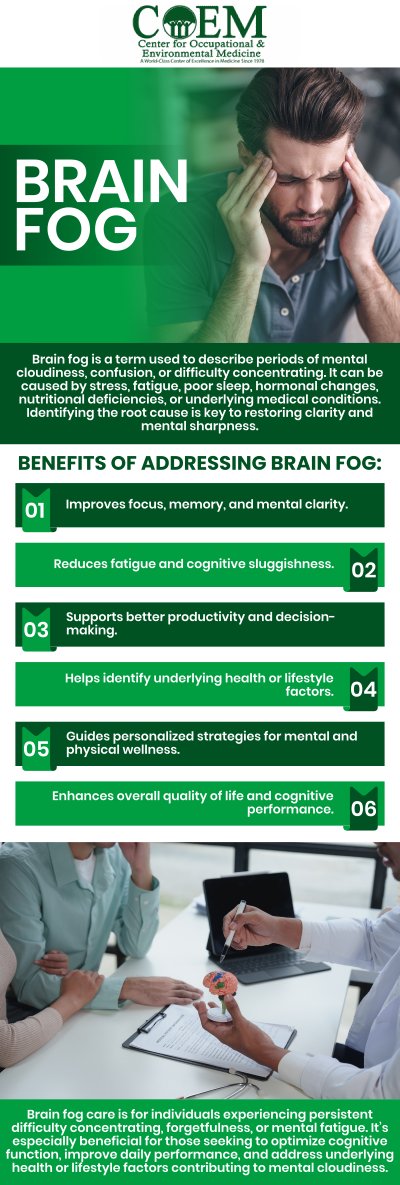 Brain fog can make it difficult to focus, remember details, and think clearly throughout the day. It may be linked to inflammation, gut health issues, food sensitivities, toxins, hormone imbalance, or poor sleep. At COEM, our team uses a root-cause approach to help identify hidden factors that may be affecting mental clarity and energy while supporting clearer thinking, better focus, and long-term wellness. For more information, contact us or book an appointment online. We are conveniently located at 7510 North Forest Drive North Charleston, SC 29420. Patients routinely fly in to be evaluated by COEM, as we serve patients internationally. Find out if you have been exposed, extensive lab testing is available.